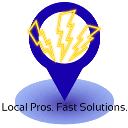 Logo : Blue location pin with three yellow lightning bolts through the pin.